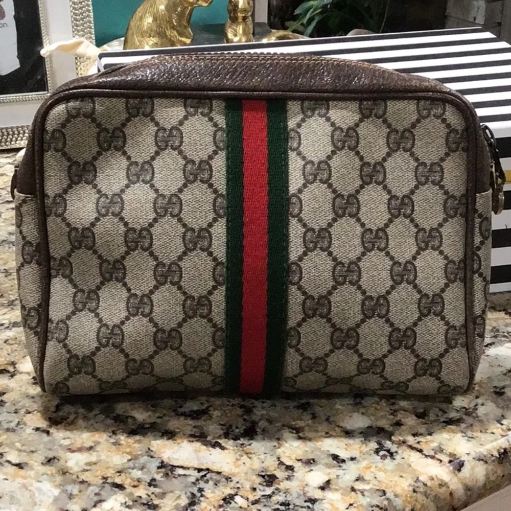 ✨Vintage GUCCI GG Canvas Web Sherry Line Clutch Bag RED GREEN STRIPE Authentic - Picture 7 of 11